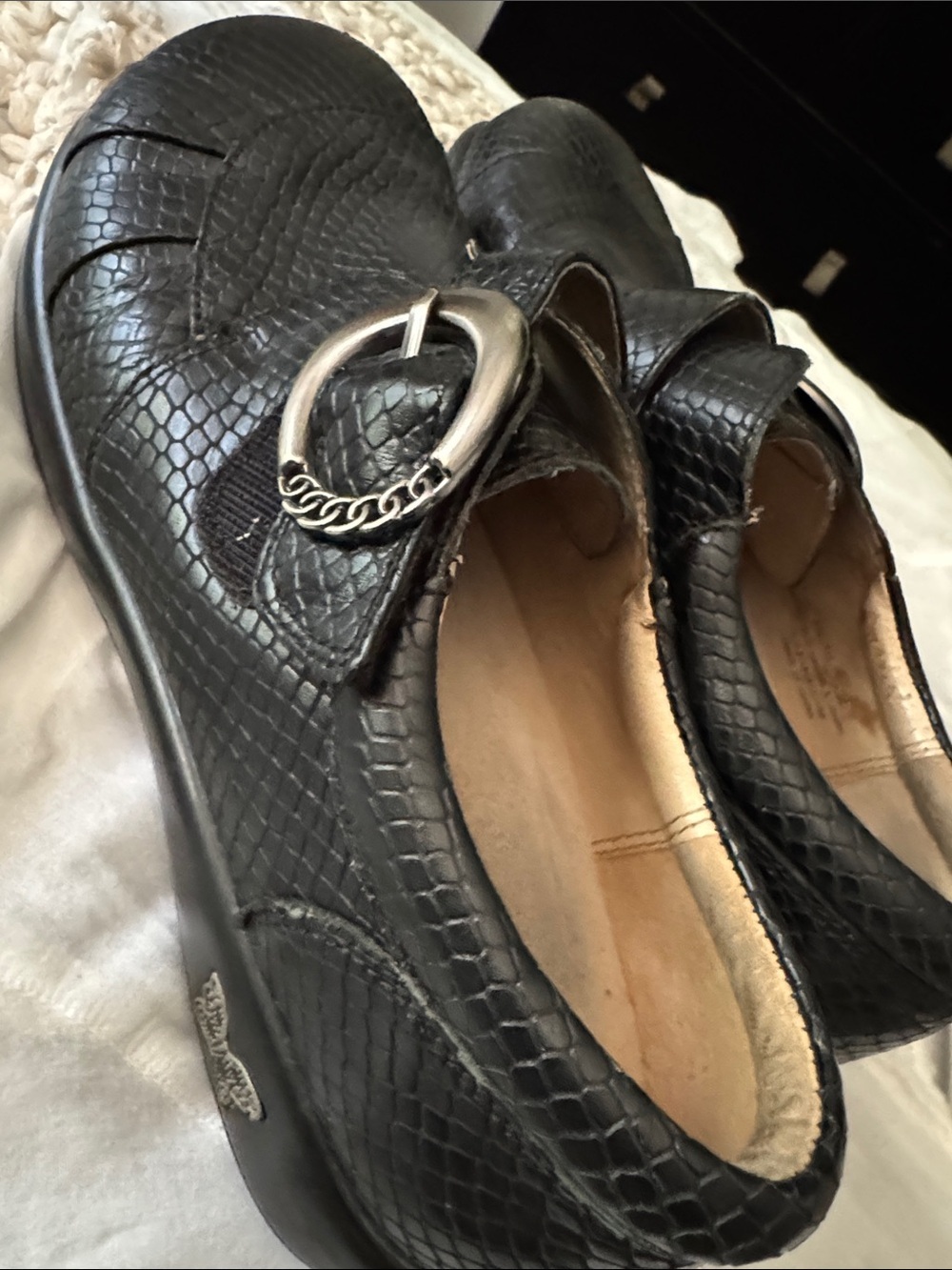 Alegria Black Leather Slip-On Loafers with Silver Buckle - Picture 6 of 7